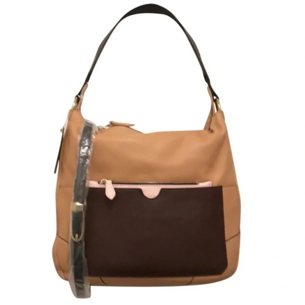 NWT orYANY Adele Colorblock Beige Brown Leather Hobo Bag